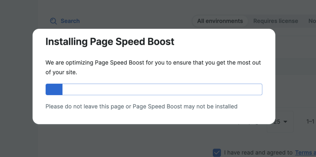 Screenshot of the Page Speed Boost page in the WP Engine User Portal showing the popup progress bar while PSB is being installed on selected environments